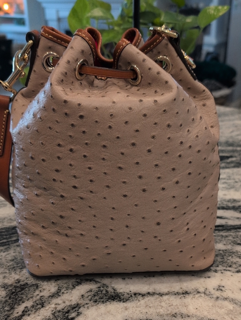 Dooney & Bourke Lt Taupe Ostrich Embossed Drawstring Bag w/Kisslock Wallet - Picture 6 of 9